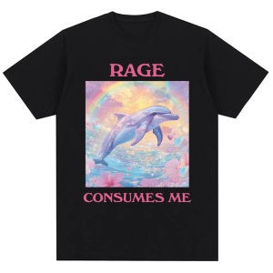 Sanrio | Rage Consumes Me Print T-shirt Funny Dolphin Meme Aesthetic Fashion T Shirts Men Women Oversized Cotton Novelty Casual T Shirt