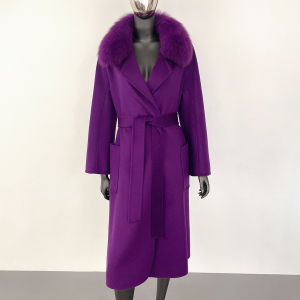 Áo Khoác Len Nữ Cổ Lông Cáo Thật Áo Khoác Mùa Đông Phong Cách Đường Phố Dáng Dài Có Dây Lưng Thời Trang Nữ