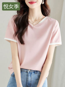 Color Block V Neck T Shirt Women Short Sleeve Cotton Blend Summer New Style Half Sleeve Pure Cotton Body Shirt Pink Tone up Top