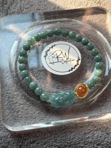Jadeite natural stone bracelet with pixiu and nanhong charm 5mm bead 15cm wrist size