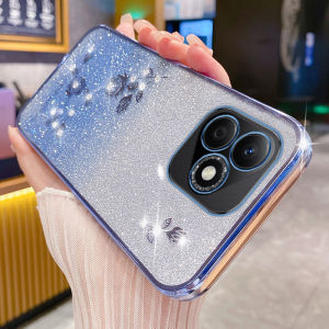 HonorX60i Phone Case Silicone Protective Full Lens Coverage Anti-Fall Soft Shell Glitter Rose Ring Stand Flower Design for Huawei Honor