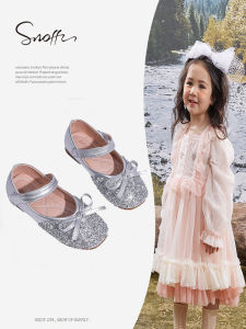 Silver Slip-On Children's Shoes: Soft Bottom Crystal Shiny Butterfly Knot Princess Leather Footwear