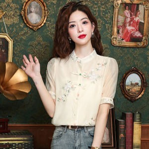 Elegant Embroidered Short Sleeve Chiffon Shirt New Chinese Style Womens Fashion 2025 Retro Design Sensation Small Audience