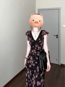 French Style V-Neck Lace Trim Black Floral Print Mini Dress Womens Summer High Waist A-Line Long Skirt Elegant Slim Fit Dress