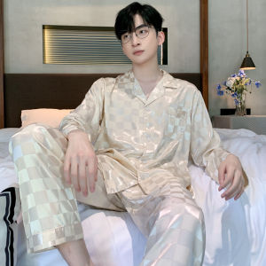 Mens Sleepwear Long Sleeve Long Pants Ice Silk Thin Home Clothes Set Autumn Season Comfortable Home Leisure Fashionable Korean Style