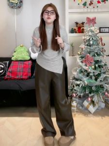 High Waist PU Leather Wide Leg Pants Womens Spring Autumn plus Size Slimming Hip Covering Floor Length Straight Leg Pants