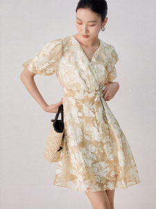 Vero Moda | Slimming V-Neck Flower Pattern Puff Sleeves Elegant Women Dress