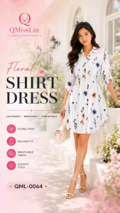 QMissLin QML-0064 Women Floral Shirt Dress Long Sleeve Button Down Casual Elegant Printed Tunic White