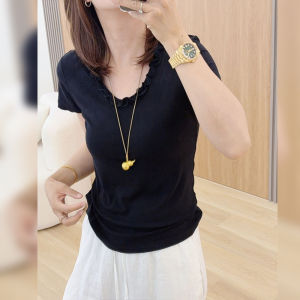 BINKAFENNY | Summer Slimming Grey T-Shirt Womens Round Neck Short Sleeve Micro Plump MM Wooden Edge Ear Trendy Versatile Plus Size Top