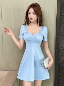 Pure Desire Style Square Collar Short Sleeve Simple Solid Color Waist-Cinching Short Dress Korean Fashion Elegant Backless Slimming Dress