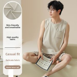 Miiow | Mens Summer Ice Silk Sleepwear Thin Cool Feeling Sleeveless Casual Home Clothes Set Comfortable Breathable Polyester Fiber