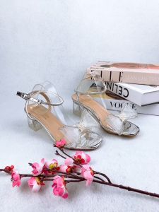 Giày sandal nữ cao gót vuông trong 5p quai trong kết nơ dây mảnh vòng cổ đính đá - SD104