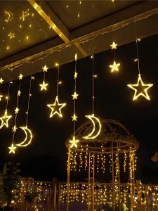 Solar Powered Outdoor Lights Waterproof Atmosphere Decorative LED Star Moon String Lamp for Balcony Courtyard Garden Decoration