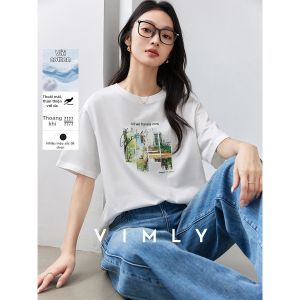 Vimly | Áo Thun Tay Ngắn In Trắng Cổ Tròn Mùa Mới