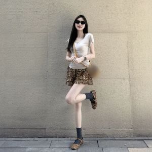 CHANGTONG | Vintage Stylish V-Neck Leopard Print Top and Skirt Set Summer