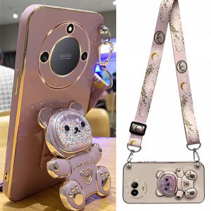 Phone Case Realme 11X 10T Realme 11 10 Pro + Plus 4G 5G Cute Colorful Beads Bear Phone Holder Electroplated Casing with Lanyard Lens Protection Shockproof Soft Cover