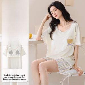 MiiOW | Lightweight Breathable Ice Silk Sleepwear Short Sleeve Womens Pajamas Shorts With Chest Pad Home Clothes Summer New Arrival