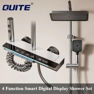 QUITE Intelligent Digital Display Luxury Shower Set Bathroom Wall Mounted Piano Key 4 Ways Water Outlet Rainlfall Shower Faucet System