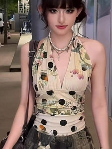 chaqi | Summer Floral Fruit Polka Dot Print Halter Neck Slim Fit Sleeveless Womens Top Commute Style Fashion Trendy Short Length Vest