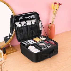 กระเป๋าแต่งหน้าสำหรับเดินทางกระเป๋าเครื่องสำอางแบบพกพาสองชั้นพร้อมช่องแบ่งที่ปรับได้เคสแต่งหน้ากันน้ำอุปกรณ์เครื่องสำอาง