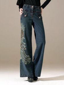 Quần Jeans Denim Rộng Thêu Hoa Phong Cách Mùa Xuân Thu Quần Ống Rộng Thẳng Cạp Cao Quần Dài Thường Ngày Cho Nữ