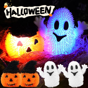 2Pcs Glow Halloween Fluffy Ball TPR Material Ghost/Pumpkin LED Light Up Toy 8/9cm Soft Squeeze Stress Relief Toys for Party Favors