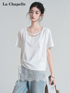 La Chapelle | False Layer U-neck Lace Spliced Short-sleeved Shirt