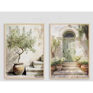 2pcs Frameless Mediterranean Olive Tree and Italian Door Art Prints Bohemian Style Living Room Bedroom Wall Art Decoration
