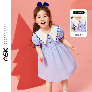 Princess Plaid Summer Dress for Girls Short Sleeve Doll Collar Childrens Skirt ASK Kids Clothing Polyester Cotton Blend