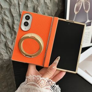 szhaiyu | Electroplated Lychee Pattern Leather Magnetic Phone Case for Samsung Galaxy Z Fold 7 8 Ultra ZFold7 Rotate Bracket Hinge Cover