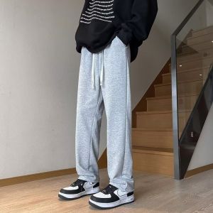 Gray Fleece-lined Casual Mens Sweatpants Straight-leg Thickened Spring Autumn Sports Fashion Loose Long Trousers