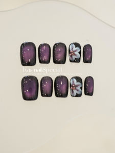 Handmade 3D Flower Cats Eye Nail Art Dark Goddess Style Wearable Nail Tips Pure Handmade Nighttime Mystery Beauty Tools