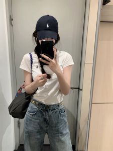 Lavender Horse Embroidered round Neck Short Sleeve Polo Shirt Womens White Shoulder Polo Top Versatile Summer New Arrival