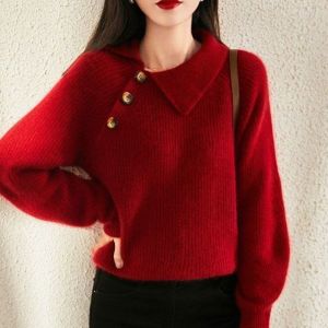 Sweet Knitted Red Sweater New Year Christmas Loose Style Womens Fashionable Winter New Arrival Long Sleeve Ultra Short Woolen