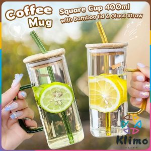 KLIMO Creative Square Borosilicate Glass Cup with Colored Handle and Bamboo lid & Glass Straw Juice/Coffee/Tea Cups 400ml