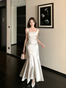 White Satin Strap Dress Long Summer Mermaid Style Formal Wear