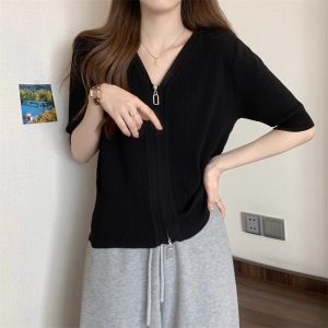 Summer New Fashionable Short Sleeve Knit Icy Silk Cardigan T-Shirt with Dual Zipper