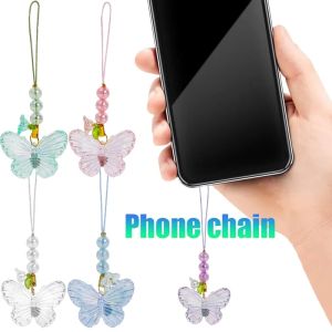 Butterfly Mobile Phone Chain Lanyards Women Girls Beaded Rope for Phone Case Hanging Charm Multicolor Straps