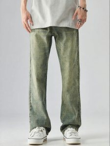 ALLIN | Vintage Aged Yellow Wash Torn Fashion Jeans Straight Pants