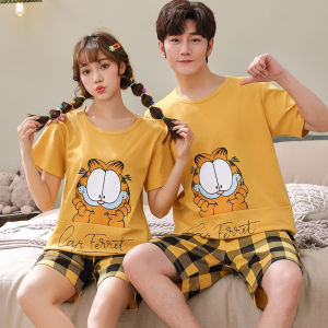 Pure Cotton Couple Sleepwear Set Summer Short Sleeve Cartoon Printed T-shirt and Shorts Lightweight Comfortable Homewear for Men and Women
