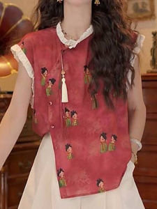 Shalldoer | Áo sơ mi nữ tay ngắn rộng rãi in họa tiết phong cách dân tộc mùa hè mới đẹp Áo sơ mi thường ngày Polyester V-neck không tay