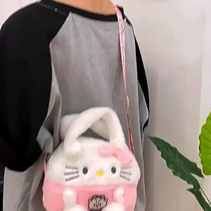 Sanrio Cute Cartoon Cinnanoroll Melody Kuromi PomPompurin Sling Bag Plush Crossbody Bag Fluffy bag with strap for Girl Kids Children