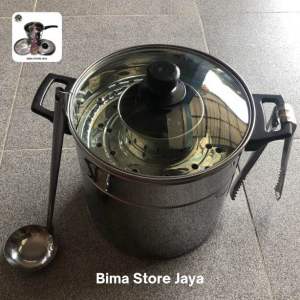 DANDANG BAKSO STAINLES TUTUP KACA PEGANGAN ANTI PANAS 26cm LENGKAP