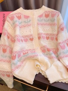 Pink Heart Knitted Sweater Jacket Womens Outerwear V-Neck Long Sleeve Hollow out Cardigan Slimming Large Size Autumn Wear