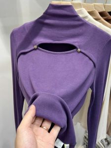 Áo Thun Nữ Cổ Cao Lót Lông Cừu Khoét Rỗng Thời Trang Bên Trong Áo Sơ Mi Sang Trọng Dài Tay Vừa Vặn Mùa Thu