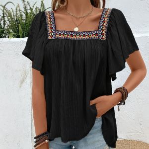 Summer Women Embroidery T-Shirt Short Sleeve Square Collar Crops Tops Clothing Y2k Vintage Casual Loose All-Match T Shirt Tees