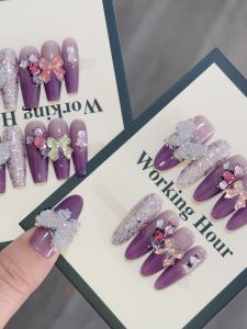 Handmade Long Nail Strips Luxury Purple Series Ice Transparent 3D Color Diamond Butterfly Design Wearable False Nails Elegant