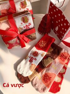 JINGCHI | Tất lông cừu dày màu đỏ lớn cho nam và nữ Tất cưới cho cặp đôi Tất mùa đông Tất cổ vừa