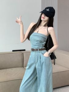 High Waist One Piece Denim Romper Womens Straight Leg Long Pants Thin Design Slimming Overall Pants Korean Style Commute