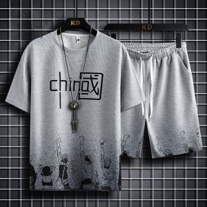 ROMON | Lomond Mens Summer Thin Ice Silk Short Sleeve T-Shirt Outdoor Casual Running Two-Piece Set Sportswear Polyester Fiber 100%